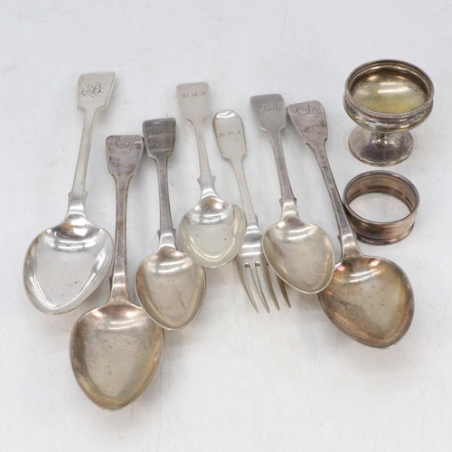 19 - A quantity of silver hallmarked flatware, napkin ring and a footed salt (approx. weight 430g)