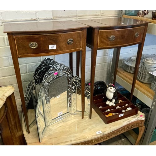 444 - A pair of Edwardian mahogany bedside tables each with a single drawer noted splits to both tops (app... 