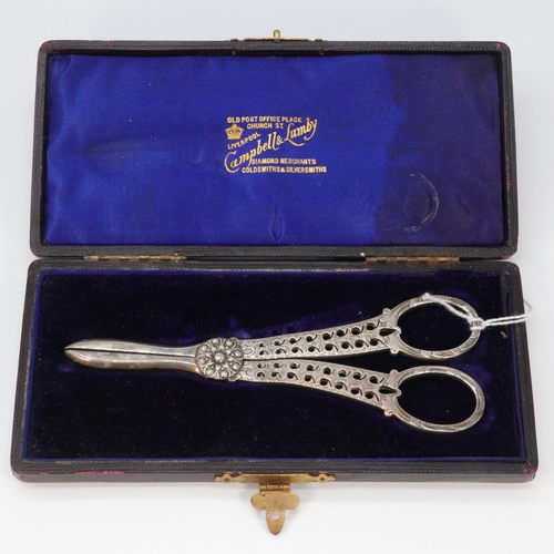 26A - Pair of silver hallmarked grape scissors, cased