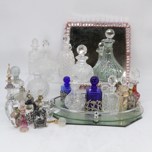 304 - Selection of vintage style scent bottles together with one glass stand and a mirrored base stand. Mi... 