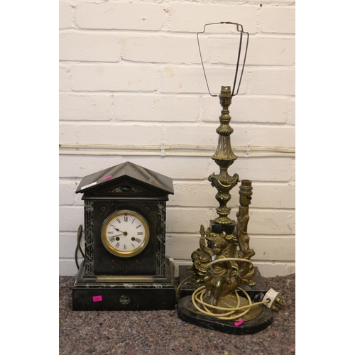 430 - Victorian slate clock together with a cherub lamp base and another gilt and slate lamp base - both l... 