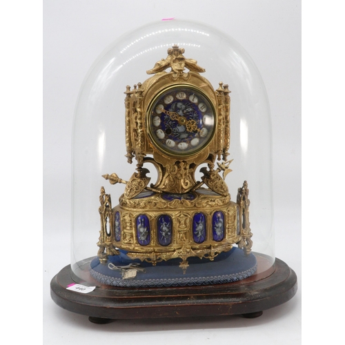 440 - French Gilt and enamelled mantle clock Vincent Paris, under glass dome with pendulum and key.