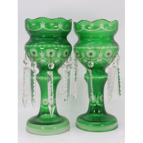 441 - Pair of green glass table lustres with drops