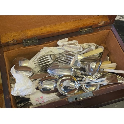 374 - Vintage stained pine box with a quantity of silver plated cutlery