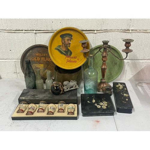 474 - Assorted collectables and sundries to include vintage trays, bottle, candelabra etc