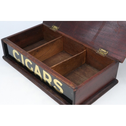 97 - Antique mahogany counter top Cigar box with glass lettered front.