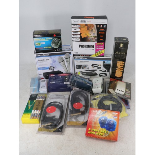 129 - A good quantity of assorted leads and cables (boxed) and other video / tv attachments. Trade - spare... 