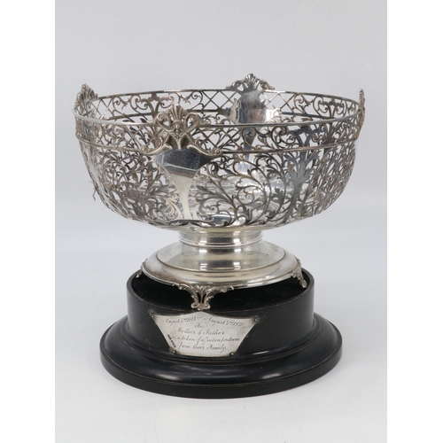 9 - Silver hallmarked pierced fruit bowl on a wooden trophy base with silver hallmarked plaque (weight a... 