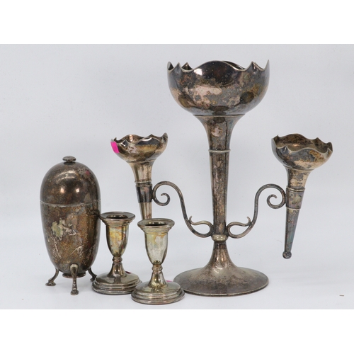 37 - Silver plated epergne, pair of candlesticks etc