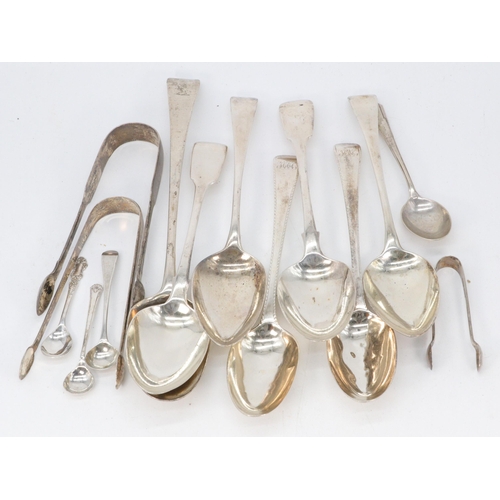 39 - A selection of mainly antique silver tablespoons, sugar tongs etc (total weight approx. 660g)