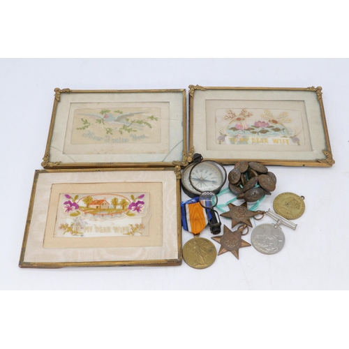 47 - Three framed WW1 postcards, mirror backed field compass, 15 military mainly RAF buttons and various ... 