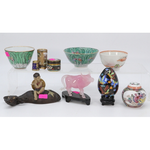 69 - A cloisonne egg together with cloisonné pot, miniature oriental vase, ginger jar, tea bowls and figu... 