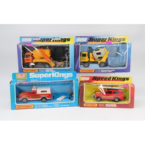 91 - Matchbox Super kings K-28 Bedford Skip truck, K-26 Ready mix truck, K-64 Fire control range rover, K... 