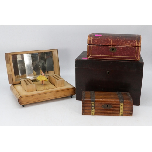 129 - Antique mahogany box together with a musical Italian jewellery box, and two other boxes