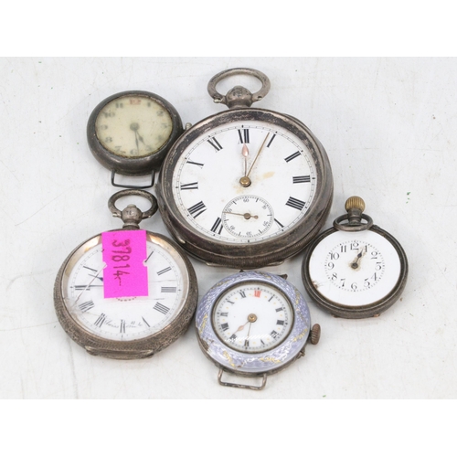 174 - Enamel decorated ladies pocket watch together with three other pocket watches