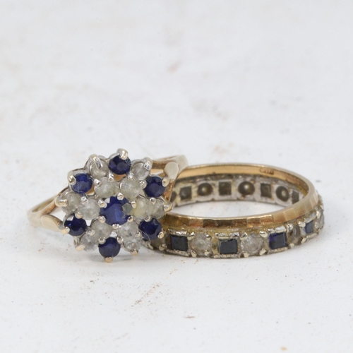 202 - 9ct gold cluster style dress ring set with small sapphire and non-precious white  stones and a 9ct g... 