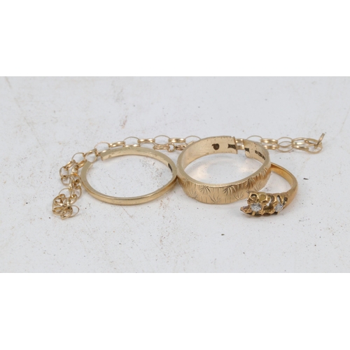 210 - 18ct gold ring set with small diamond chips (cut), 2 9ct gold  wedding bands (cut) and a small 9ct g... 