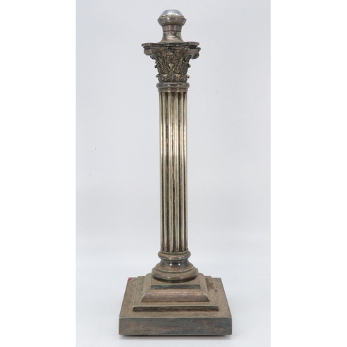 233 - Silver plated Corinthian column table lamp, no wiring so will need to be professionally wired. Appro... 