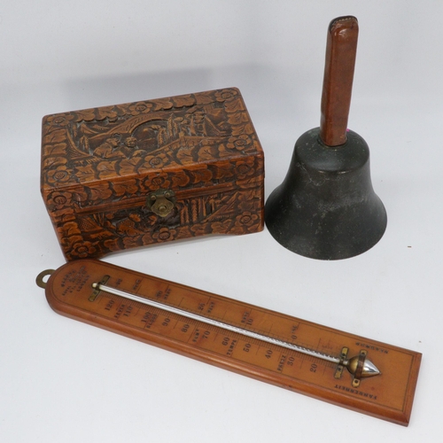 354 - Vintage hand bell, wall thermometer and miniature camphor wood chest