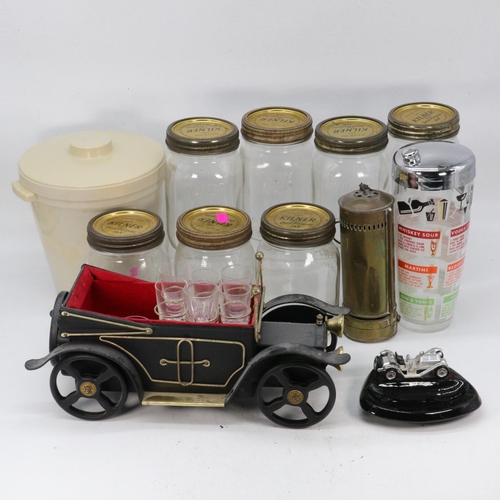 373 - A RMS Queen Mary Ice bucket, 7 Kilner jars, novelty car drink holder, ash tray and cocktail shaker (... 