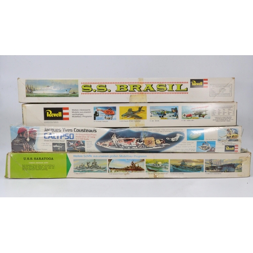 374 - Four model kits, revell USS Saratoga, USS Essex SS, Brazil Calypso, etc. all boxed (not checked for ... 