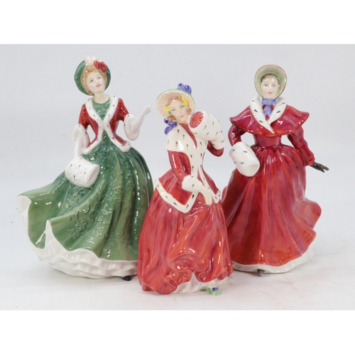 381 - Three Royal Doulton lady figurines to include The Skater, Christmas Morn, and Christmas Day 2000