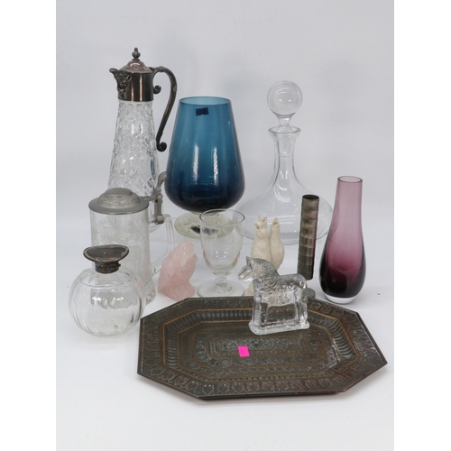 383 - A silver topped scent bottle (examine), antique rummer, etched glass stein, eastern tray, glass etc