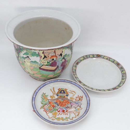 392 - Oriental ceramics including Jardinière, plates, Thomas Goode blanc porcelain cherub and swan candles... 