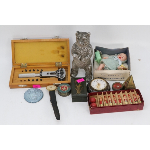 114 - Assortment of curiosities to include vintage miniature skittles game, bulova wristwatch, bear money ... 