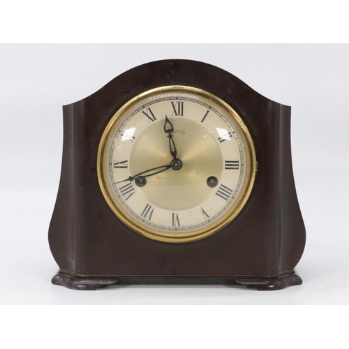 231 - A Smiths art deco bakelite cased mantle clock Westminster chime with key and pendulum