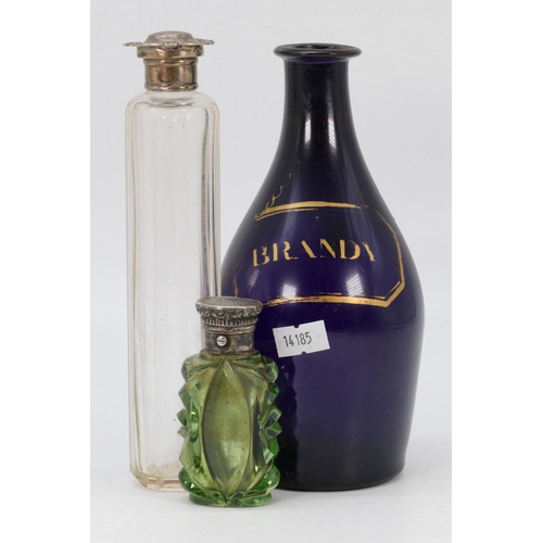 64 - Antique Bristol Blue brandy decanter (no stopper) together with a green glass scent bottle with whit... 