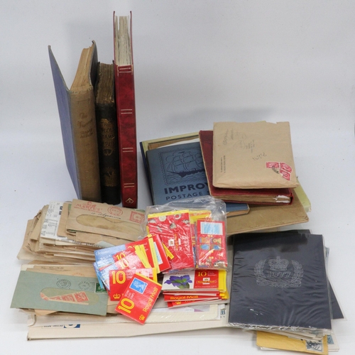 546 - A box of assorted stamp interest loose accumulation, first day covers, stock books, also empty stamp... 