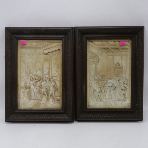 329A - Pair of Antique plaster reliefs, Scenes of Court framed and glazed. (overall frame size 30cm x 40cm)