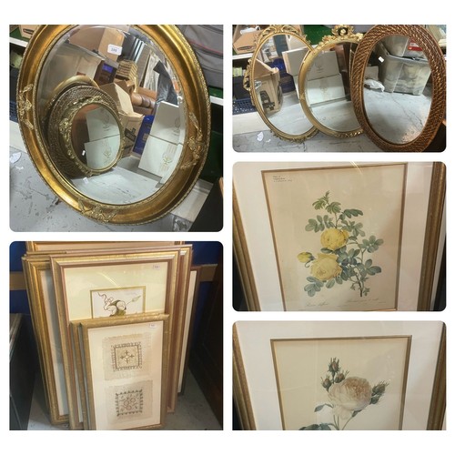 288 - Good selection of Botanical and Bird prints, gilt mirrors, wicker mirror etc