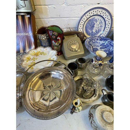 498 - Large quantity of assorted general goods, Metal wares, plated tray, Dressing table vanity set, ename... 