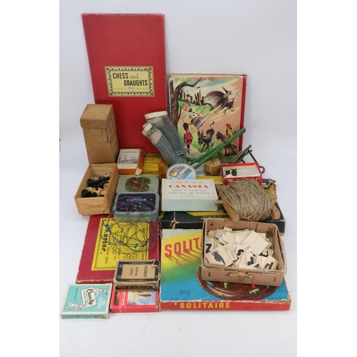 558 - Box of curios to include vintage games, ping pong balls, Bezique,  cards, chess pieces etc