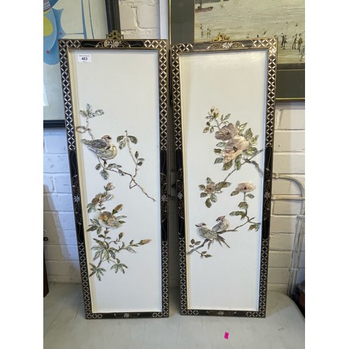 463 - Two Chinese mother of pearl wall hangings, measure approx. 92cm high x 30.5cm wide