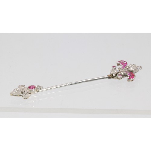 197 - Edwardian diamond and ruby, white gold? Fleur de Lys Jabot pin