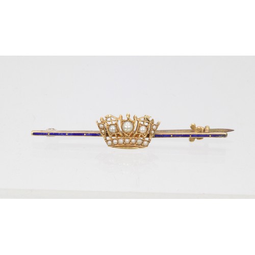 200 - A 14ct gold and enamel bar brooch set with seed pearls naval crown