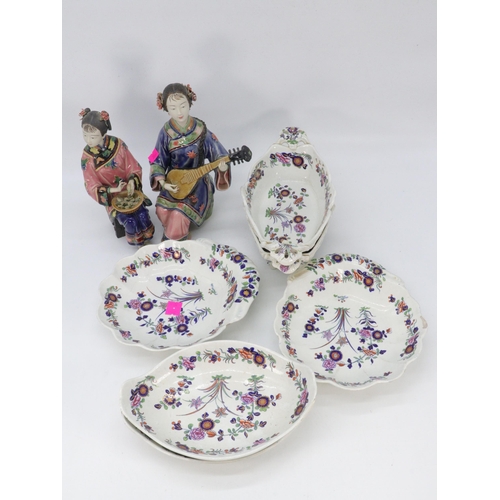 272 - Early 19th Century handpainted baskets and serving platters with two oriental ceramic figures