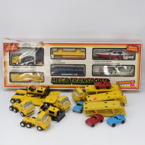 299 - Vintage boxed vehicle set, battleship command game, model plane, fisher price records, vintage small... 