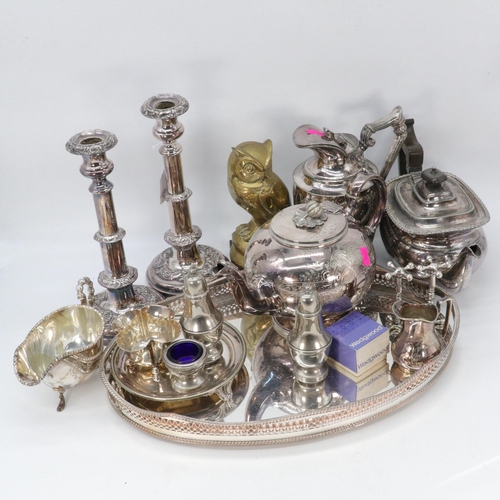 362 - Pair of silver plated candlesticks, plated teapots and other plated ware