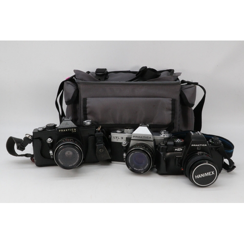 390 - Praktica BX20S camera with a hanimex F=28 lens, Prakica  LLC, and a Praktica LTL3 and accessories (a... 