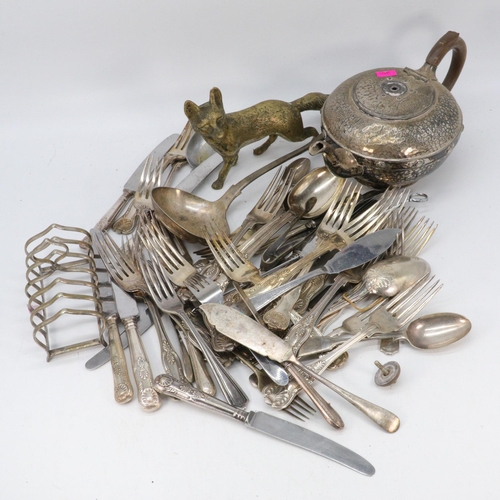 433 - A quantity of plated flatware, heavy brass fox, and other metalware (crate not included)