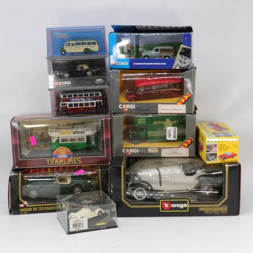 160C - Corgi heartbeat Morris minor, Buraga Mercedes Benz, Jaguar, Varguards Ford Capri and other boxed die... 