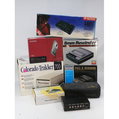 489 - VHS rewinders, headphones, Cassette players, 8mm rewinder and vintage Peugeot car stereo etc