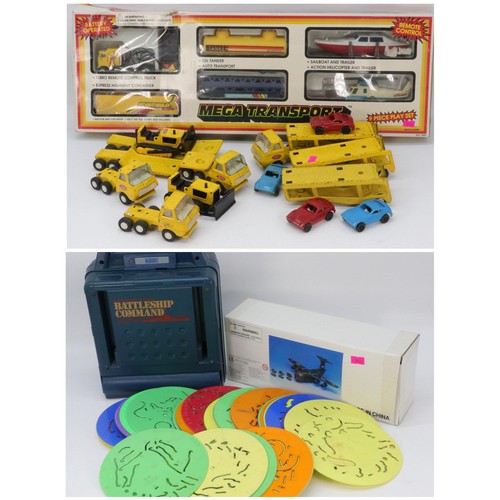 299 - Vintage boxed vehicle set, battleship command game, model plane, fisher price records, vintage small... 