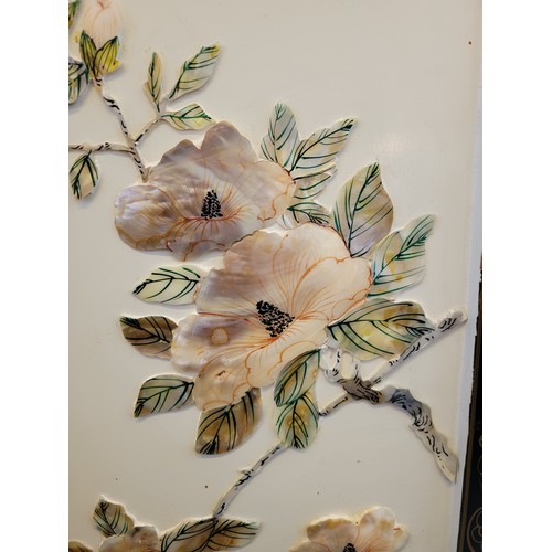 463 - Two Chinese mother of pearl wall hangings, measure approx. 92cm high x 30.5cm wide