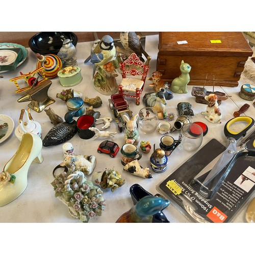 88 - Assorted sundries to include ceramics, wooden box, figures etc