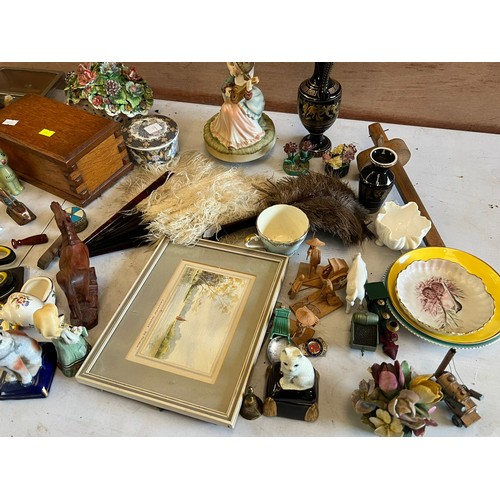 88 - Assorted sundries to include ceramics, wooden box, figures etc